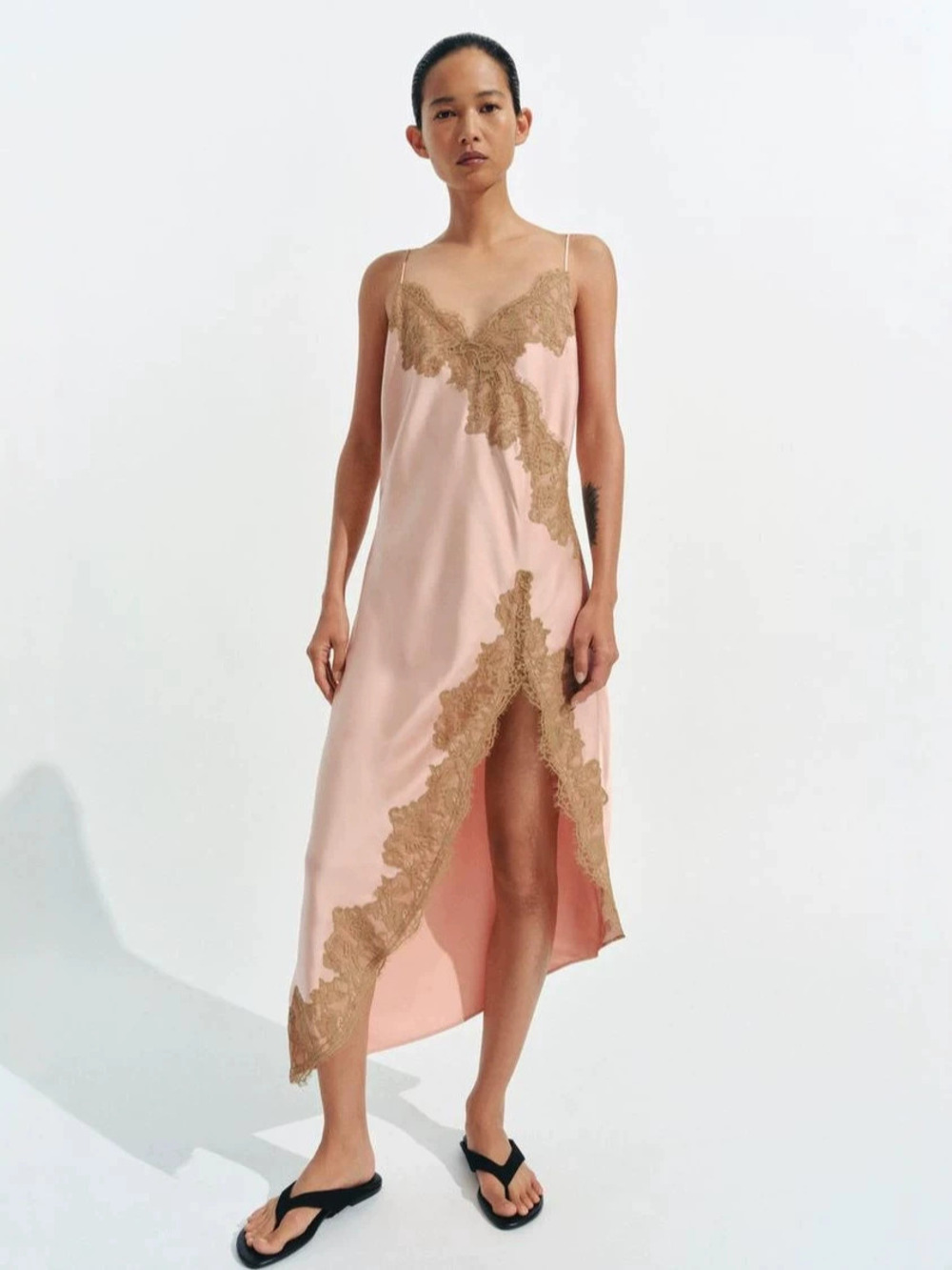 Zara Satin Lace Spaghetti Strap Slit Evening Dress